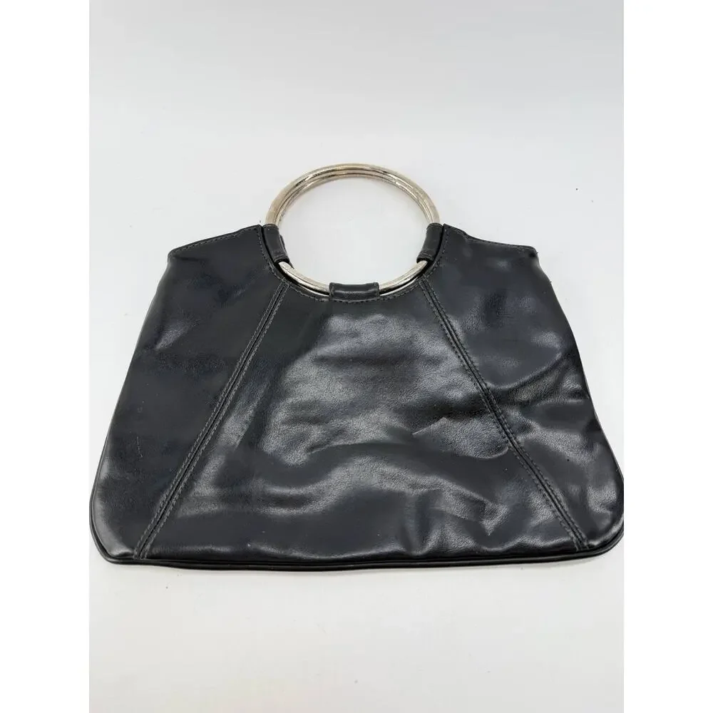 Giannini Black Ring Handle Clutch Purse Faux Leather Evening Handbag